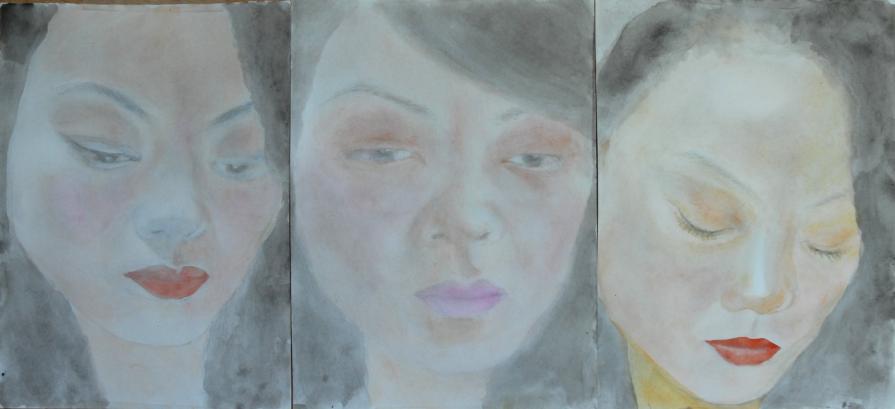 Three portraits with downcast eyes