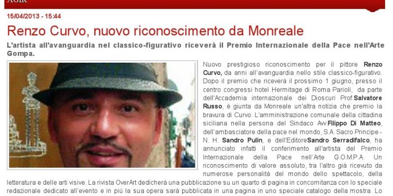    Renzo Curvo, nuovo riconoscimento da Monreale L'artista all'avanguardia nel classico-figurativo riceverà il Premio Internazionale della Pace nell'A