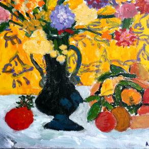 Yellow and purple wall with vase and fruits