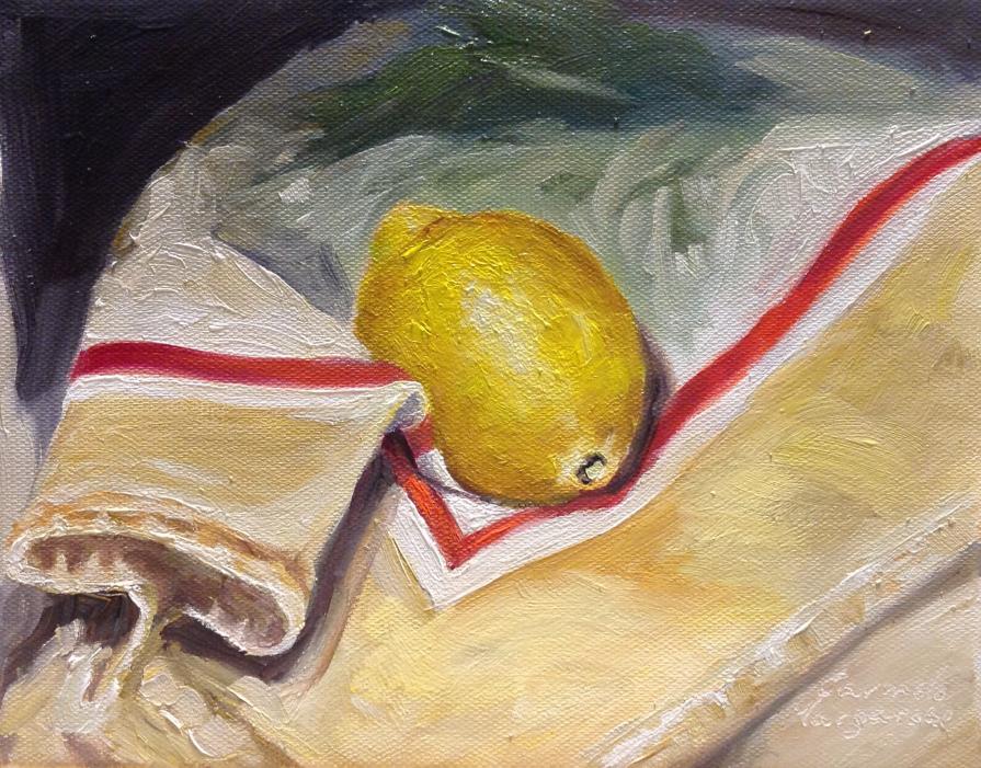 limone su tovagliolo di cucina olio su tela 25 x 20 cm  