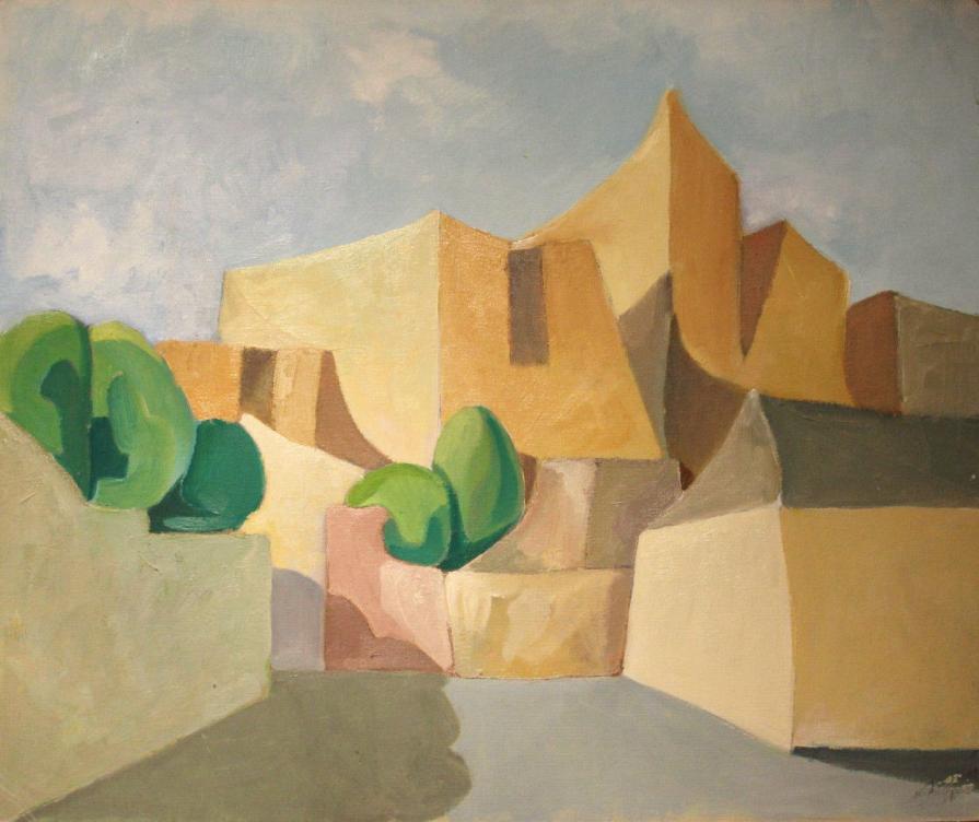 Carmelo Belli (Italia) – Borgo assolato - olio su cartone telato - 60 x 50