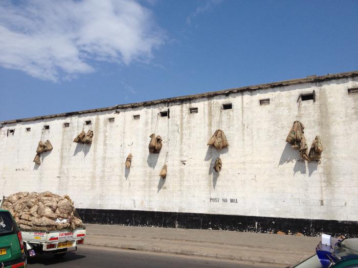 Six and Fours: Prison Anxieties, 2013, jute rope, jute sack, found material, metal scaffold, dimensions variable