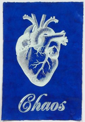 Chaos on handmade Blue lacquered paper, medical heart screen print