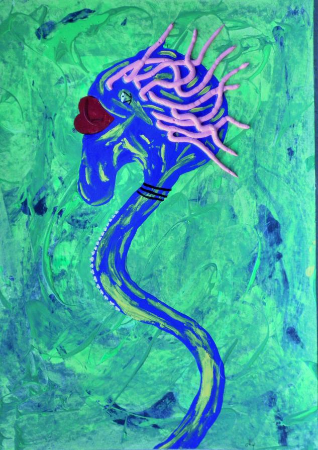 snake woman mixed media on cardboard cm 50 x 35 2015 piccolo