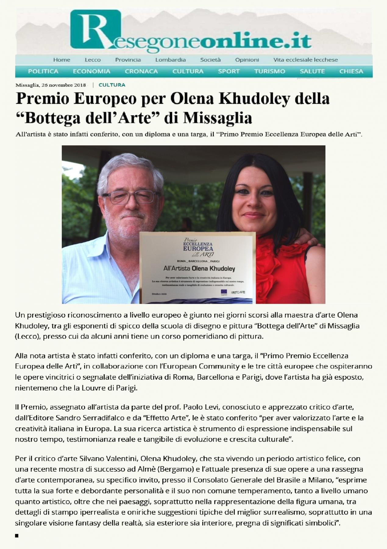 Premio Europeo per Olena Khudoley della “Bottega dell’Arte” di Missaglia