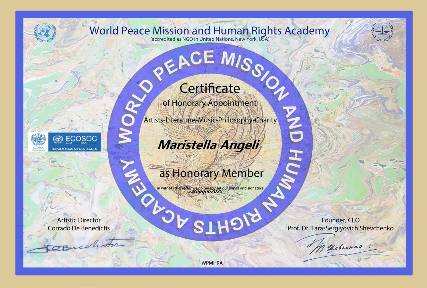 Maristella Angeli receives the certificate of Honorary Appointment "World Peace Mission ad Human Rights Academy"