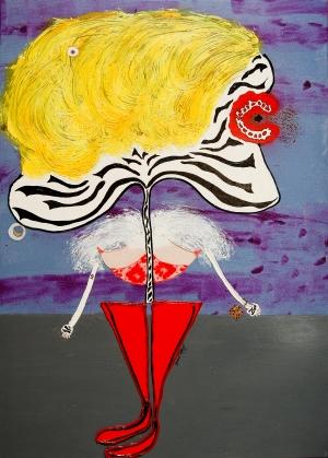 Hi Baby let's spend the night togheter with red boots  mixed media on canvas cm 70 x 50 2012 