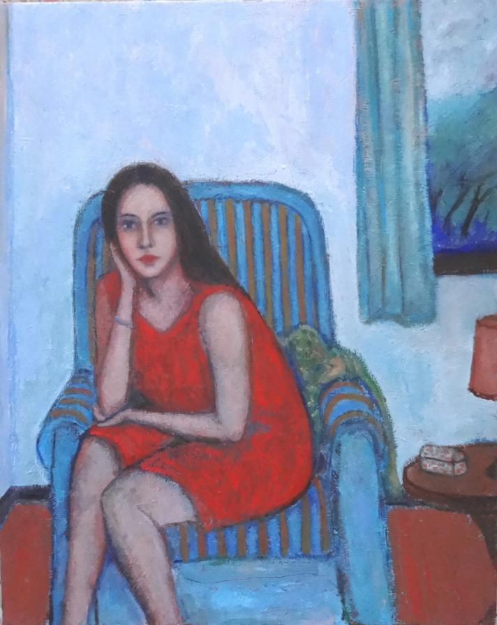 Woman on armchair with a storm outside