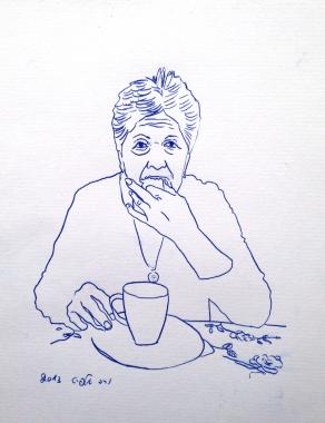 My mother drinking coffee