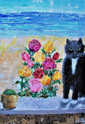 Gatto nero con marina e fiori