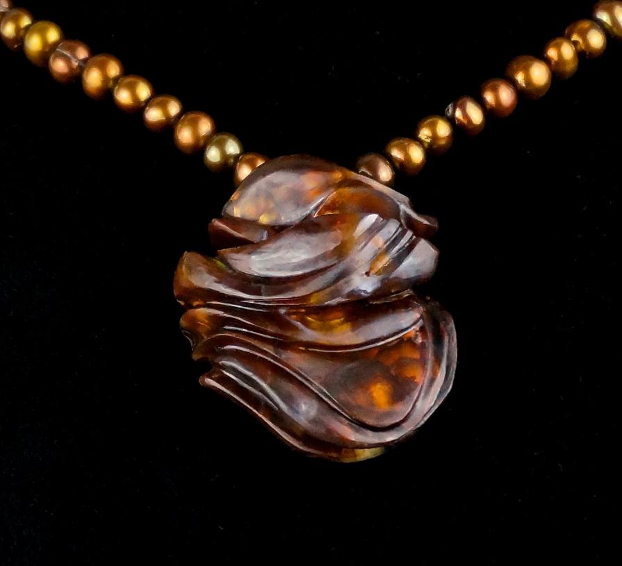 necklace; fire agate, pearls